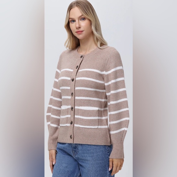 JOSIE crewneck striped cardigan NWT light taupe multi - Picture 6 of 8